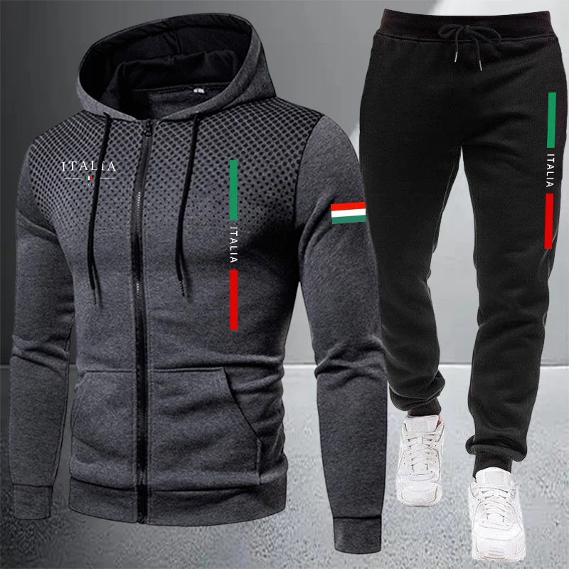 Winter Clothing Matching - メンズトラックスーツカジュアルジップフード付きスウェットシャツコートアウトドアスポーツジョギング服秋冬シングルミックスアンドマッチジャケットパンツ