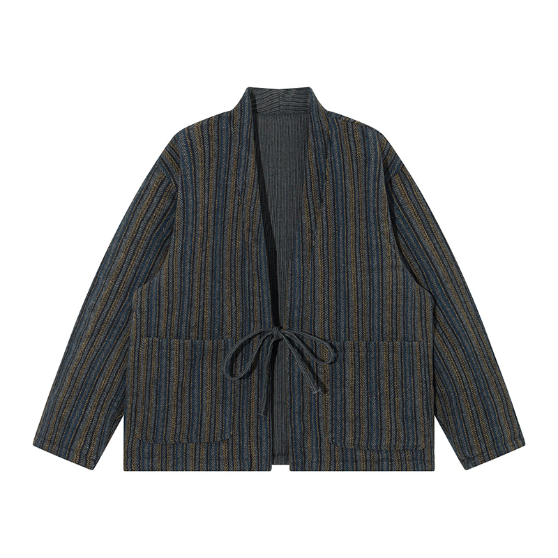 Traditional Winter Japanese Clothing - 和風ストライプ着物ジャケット 秋冬コート ストリートウェア 羽織 オーバーサイズトップス