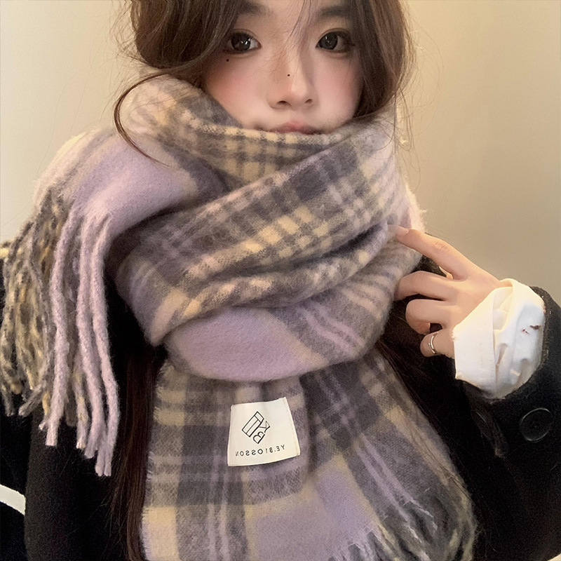 Winter Clothing Korea - パープルチェック柄スカーフ レディース 秋冬 韓国風 厚手で暖かく保つ 高級スカーフ