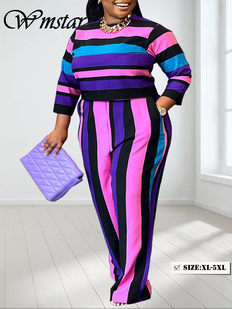 Winter Clothing Matching - Wmstar-女性用長袖クロップトップとパンツセット,ラージサイズの衣類,ストライプのマッチングセット,卸売り,直送,2個,2023