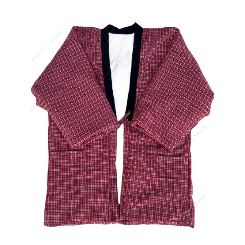 Traditional Winter Japanese Clothing - 和風冬用半纏ジャケット女性用暖かい着物コート赤い格子柄ゆったりとしたラウンジウェア紐留めキルティングカーディガンポケット付き
