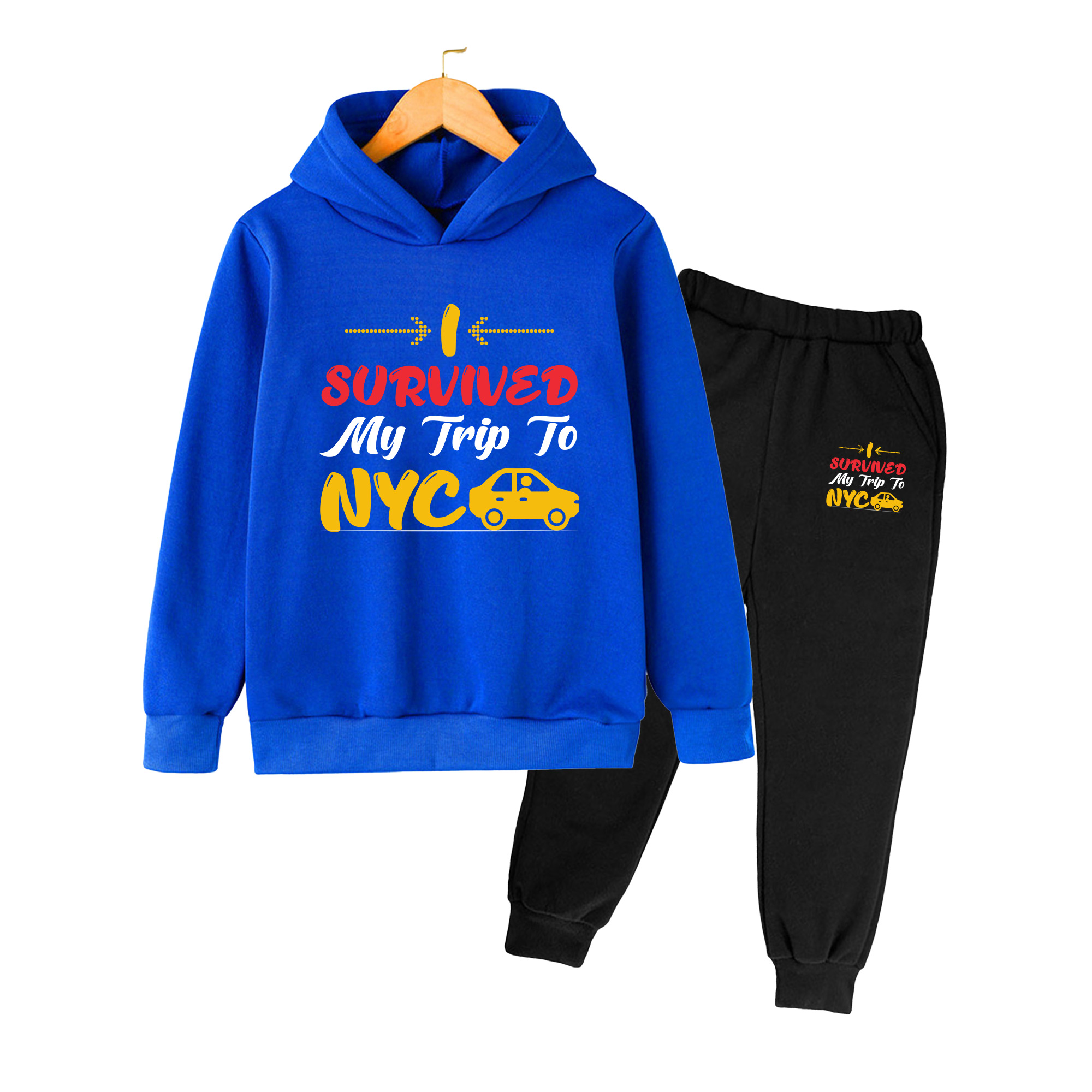 Winter Clothing Nyc - キッズ用フーディー＆スウェットパンツセット、「I Survived NYC Taxi」プリント入りカジュアルスポーツウェア（男の子・女の子向け）