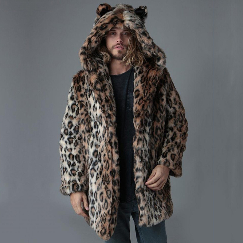 Winter Clothing Matching - メンズフェイクファージャケット冬コート厚手フード付きレオパード柄ミドル丈暖かい耳付きオーバーコートヴィンテージルーズカジュアル2025アウター