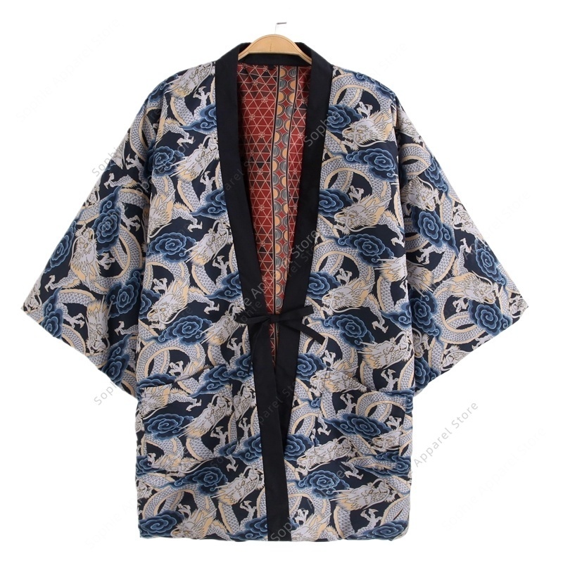 Traditional Winter Japanese Clothing - 秋冬日本龍プリント半纏コート着物男性女性原宿ルーズ軽量浴衣トップジャケットリバーシブル