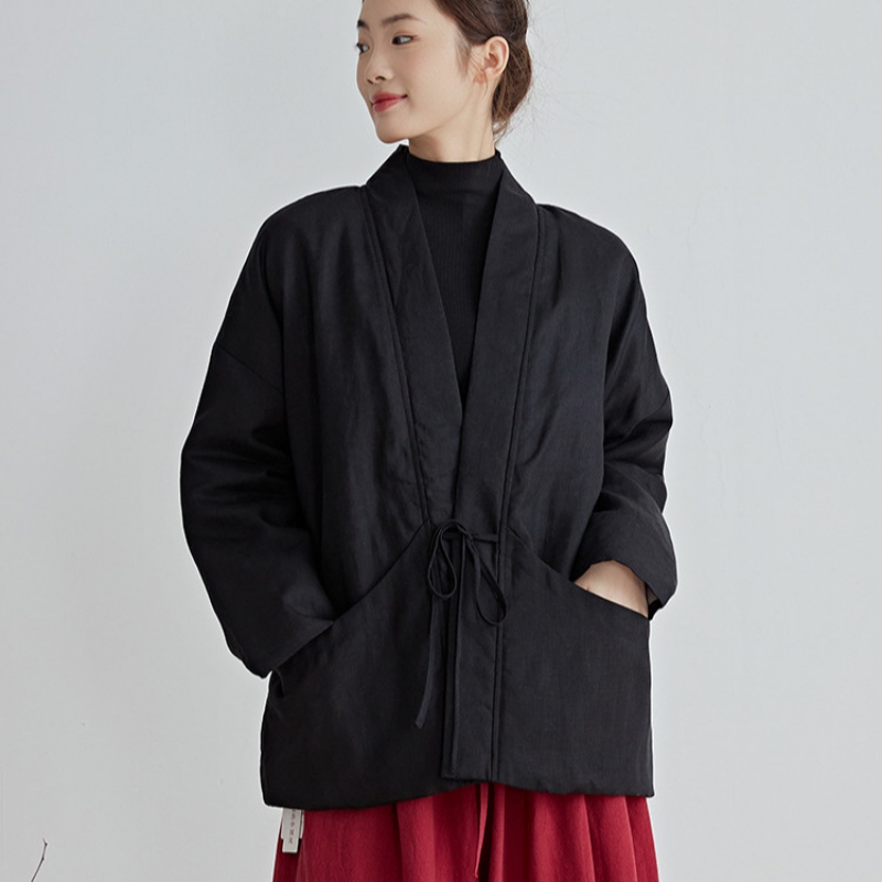 Traditional Winter Japanese Clothing - 中国風綿アウター黒冬用和服風ローブゆったり綿入りジャケット冬用着物ジャケット暖かいコート