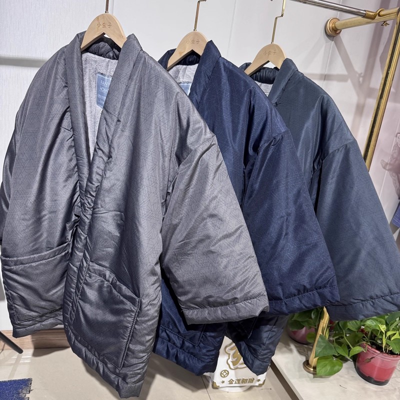Traditional Winter Japanese Clothing - 伝統的な日本の漢服（男性用）- エスニック柄の厚手フリース着物、冬用の紐付きフロントラウンジウェア