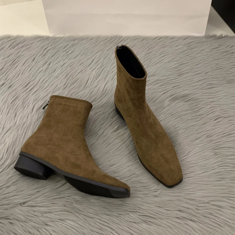 Winter Clothing Korea - 2025年ピーチカラー バックジップ ヌードブーツ - ファッションスクエアトゥ -