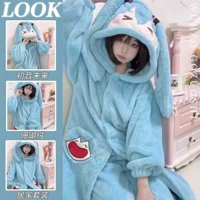 Winter Clothing In Japan - ミクアニメパジャマかわいい冬コーラルベルベット肥厚パジャマセット漫画ホーム冬暖かい服誕生日プレゼント