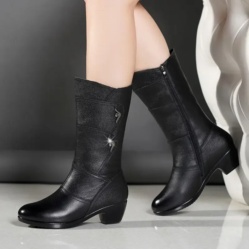 2024年ミドルブーツ冬用レディース韓国風ローヒール無地フリ - Winter Clothing Korea のレビューと価格