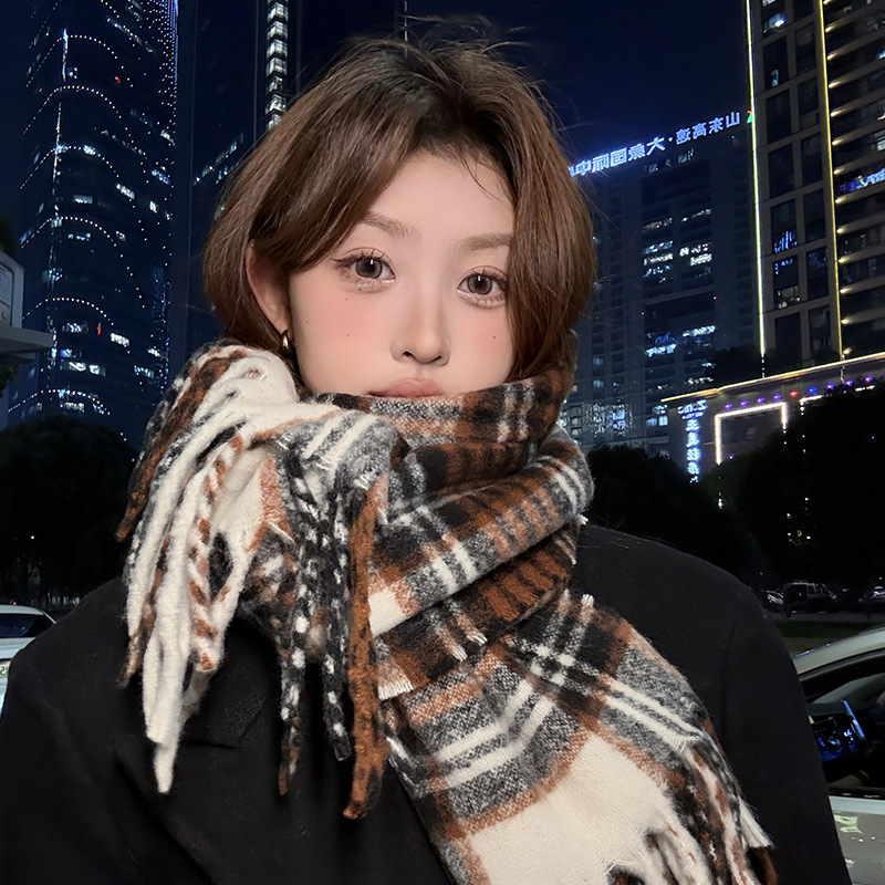 パープルチェック柄スカーフ レディース 秋冬 韓国風 厚手で - Winter Clothing Korea のレビューと価格
