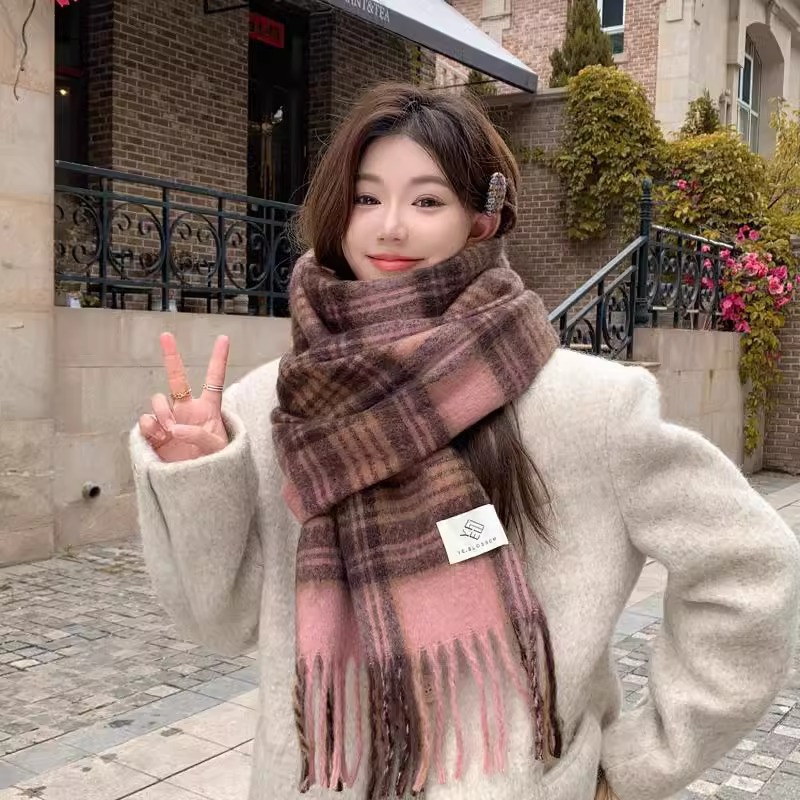 パープルチェック柄スカーフ レディース 秋冬 韓国風 厚手で - Winter Clothing Korea のレビューと価格