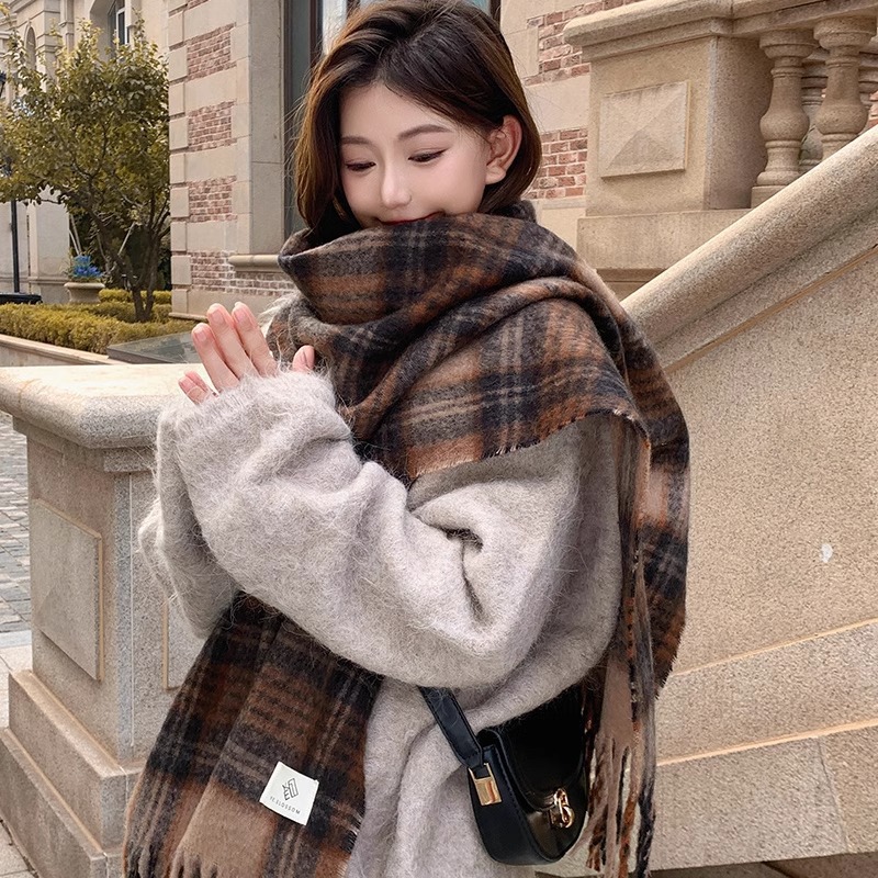 パープルチェック柄スカーフ レディース 秋冬 韓国風 厚手で - Winter Clothing Korea のレビューと価格