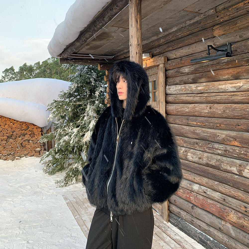 男性フェイクファーコートジャケットフード付きジッパーコート厚 - Winter Clothing Matching のレビューと価格