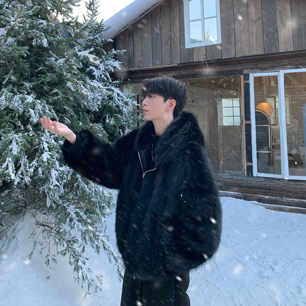 男性フェイクファーコートジャケットフード付きジッパーコート厚 - Winter Clothing Matching のレビューと価格