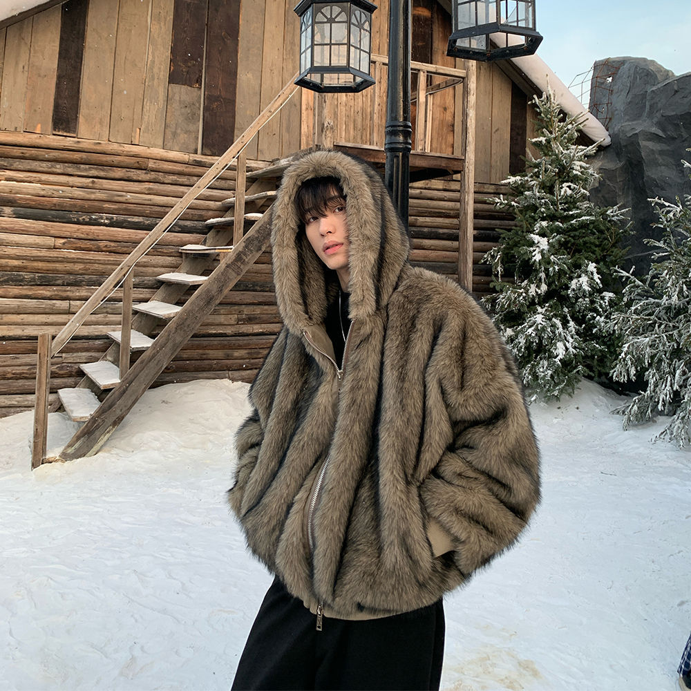 男性フェイクファーコートジャケットフード付きジッパーコート厚 - Winter Clothing Matching のレビューと価格