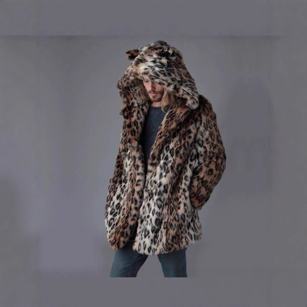 メンズフェイクファージャケット冬コート厚手フード付きレオパー - Winter Clothing Matching のレビューと価格