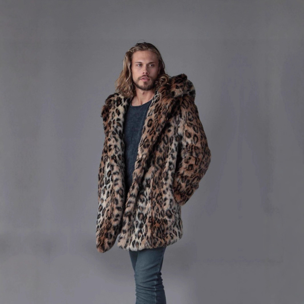 メンズフェイクファージャケット冬コート厚手フード付きレオパー - Winter Clothing Matching のレビューと価格